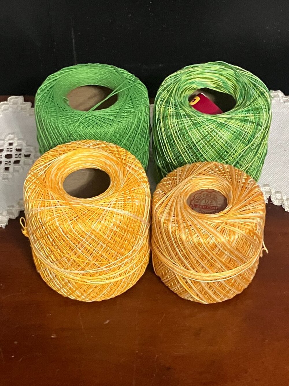 Lot of 4 Vintage Green & Yellow Variegated Crochet Thread South Maid J & P Coats